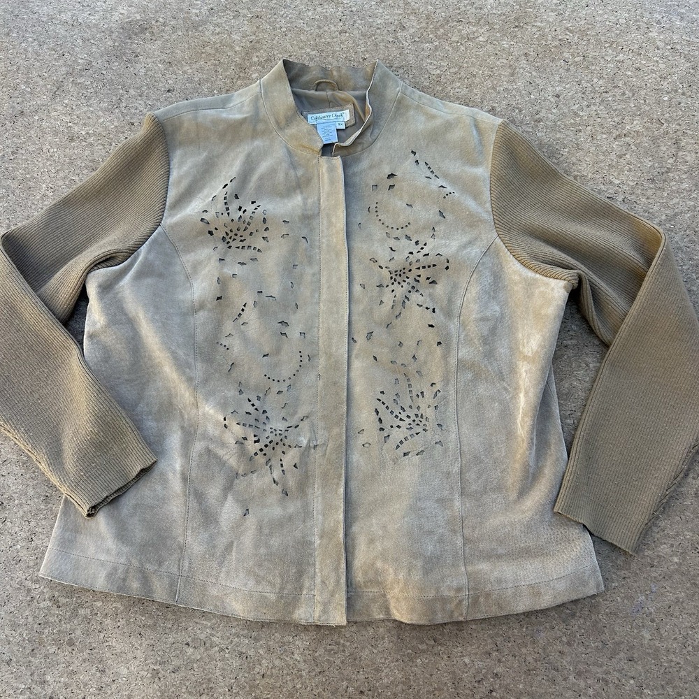 Vtg Coldwater Creek Jacket Womens 2X Tan Leather Laser Cut Full Zip Boho Y2K